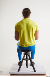 Whole Body Man Black Sports Shirt Muscular Sitting Leggings Studio photo references